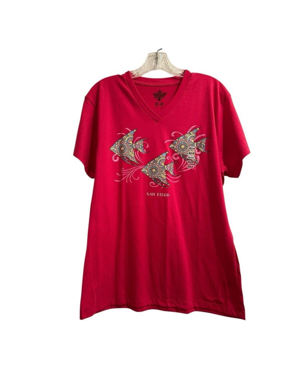 Yacht Club San Diego Souvenir Tee Shirt Womens M PINK Hippie Tropical Fish NWOT